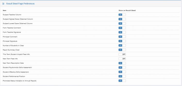 Setting result sheet (report card) contents preferences