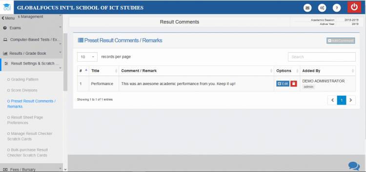 Pre-setting performance remarks/comments for results