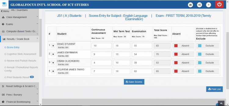 Entering scores to results/grade book for result processing