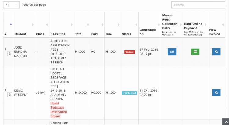 Fees payment and collection panel