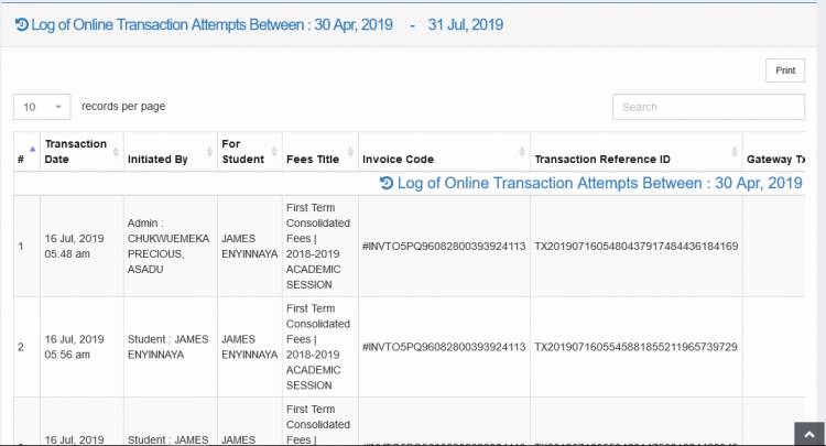 Viewing  online fees payment attempts log